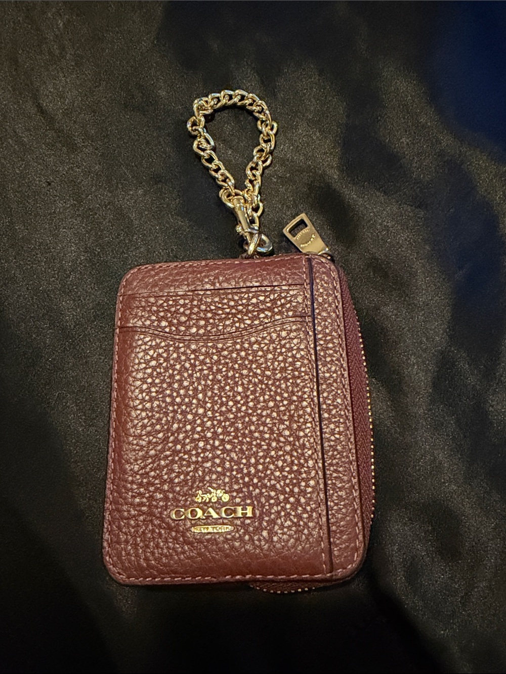 Coach Pebbled Leather Card Case in Burgundy with Gold Chain